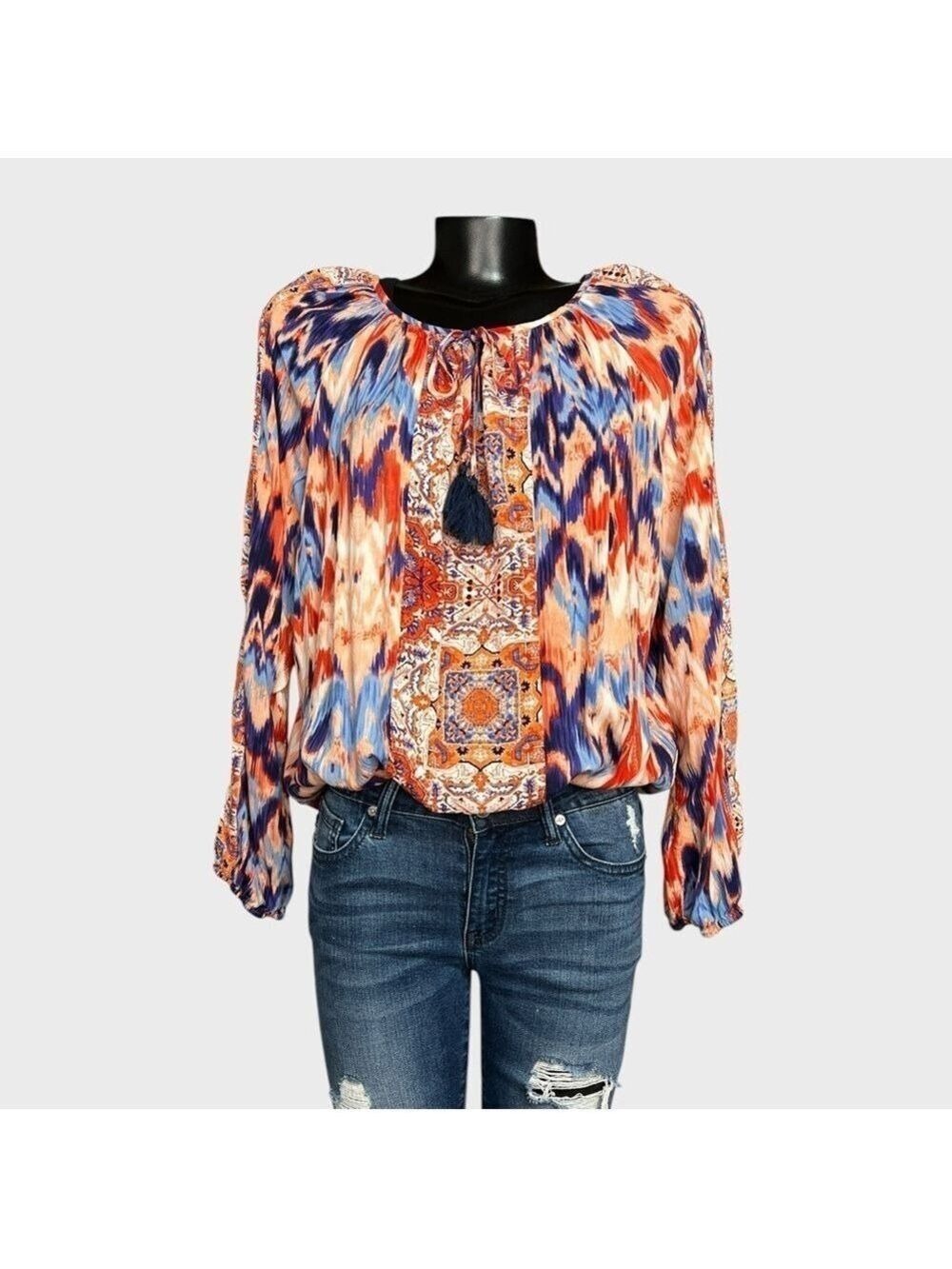 5/$25 ⭐️ Faded Glory XL Bohemian Colorful Blouse Tassel Tie Keyhole Southwestern